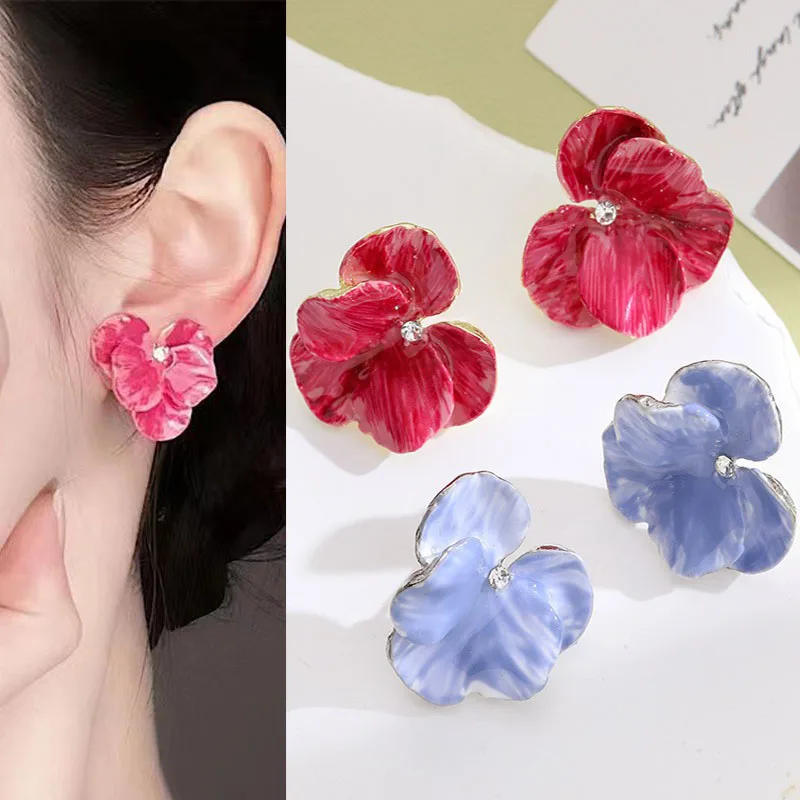 925 Silver Needle Dripping Oil Butterfly Flower Earrings For Women Jewelry 2025 Trending Sweet Red Blue Flowers Earrings Z40