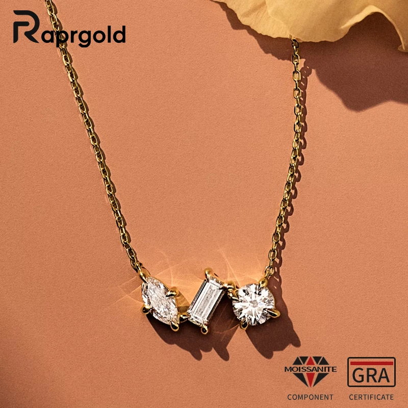 

RAPRGOLD Full Moissanite Asymmetric Personalized Three-Stones Pendant Necklaces for Women Girls Chains Fine Neck Jewelry Gifts