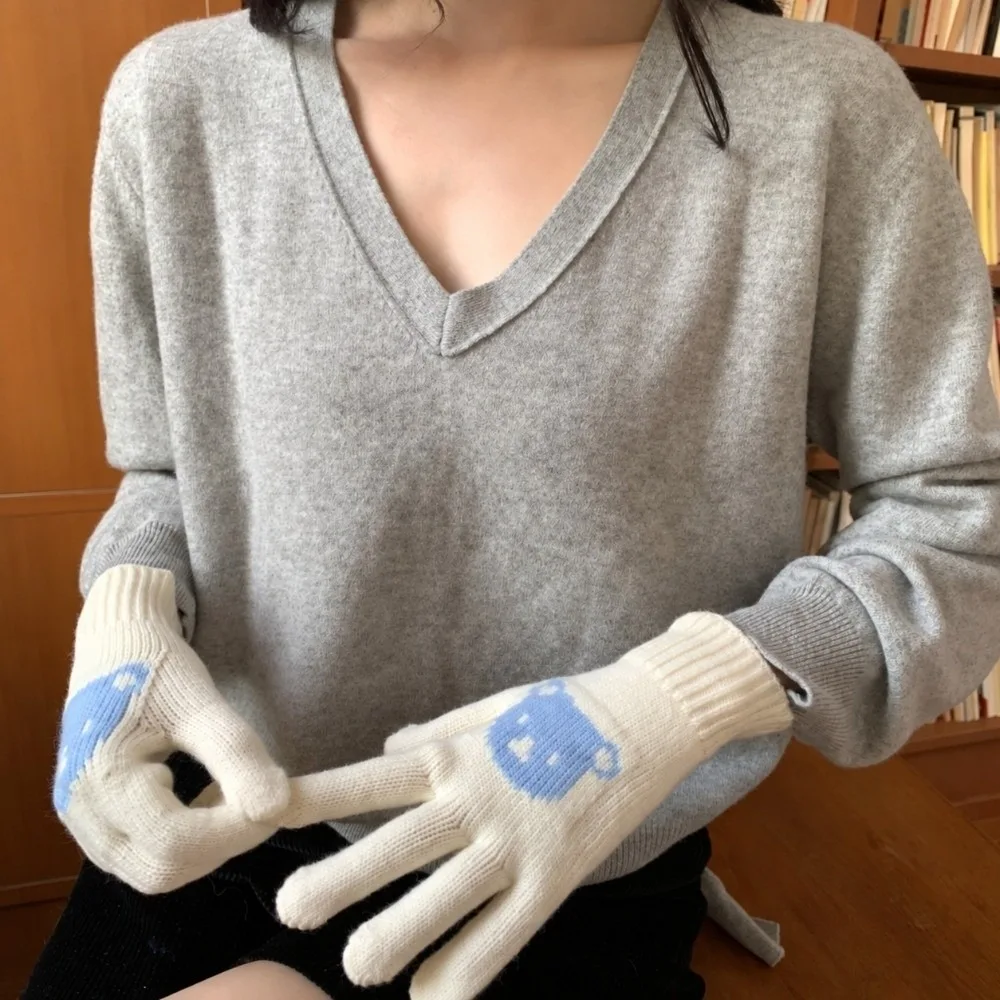 Portable Polyester Touch Screen Gloves Warm Lining Stretchable Cartoon Bear Gloves Winter Full Finger Gloves For Students