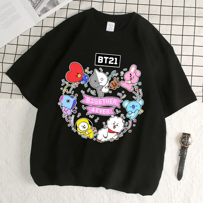 Anime Cartoon Bt21 Peripheral Short-Sleeved Summer Ins Pure Cotton Women\'s T-Shirt Couple Wear Fashion Tops Gifts for Friends