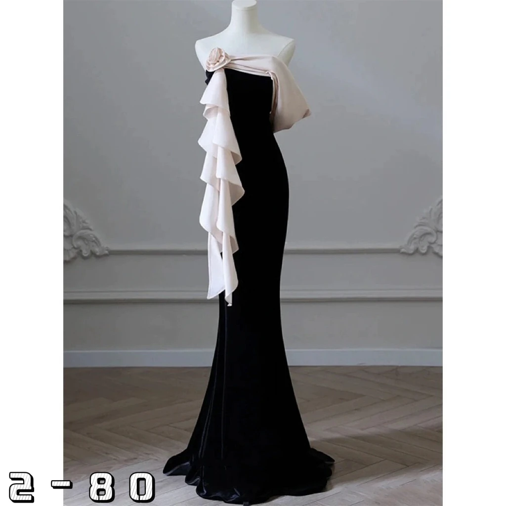 Black evening dress new one shoulder niche banquet host waist fishtail engagement dress skirt women