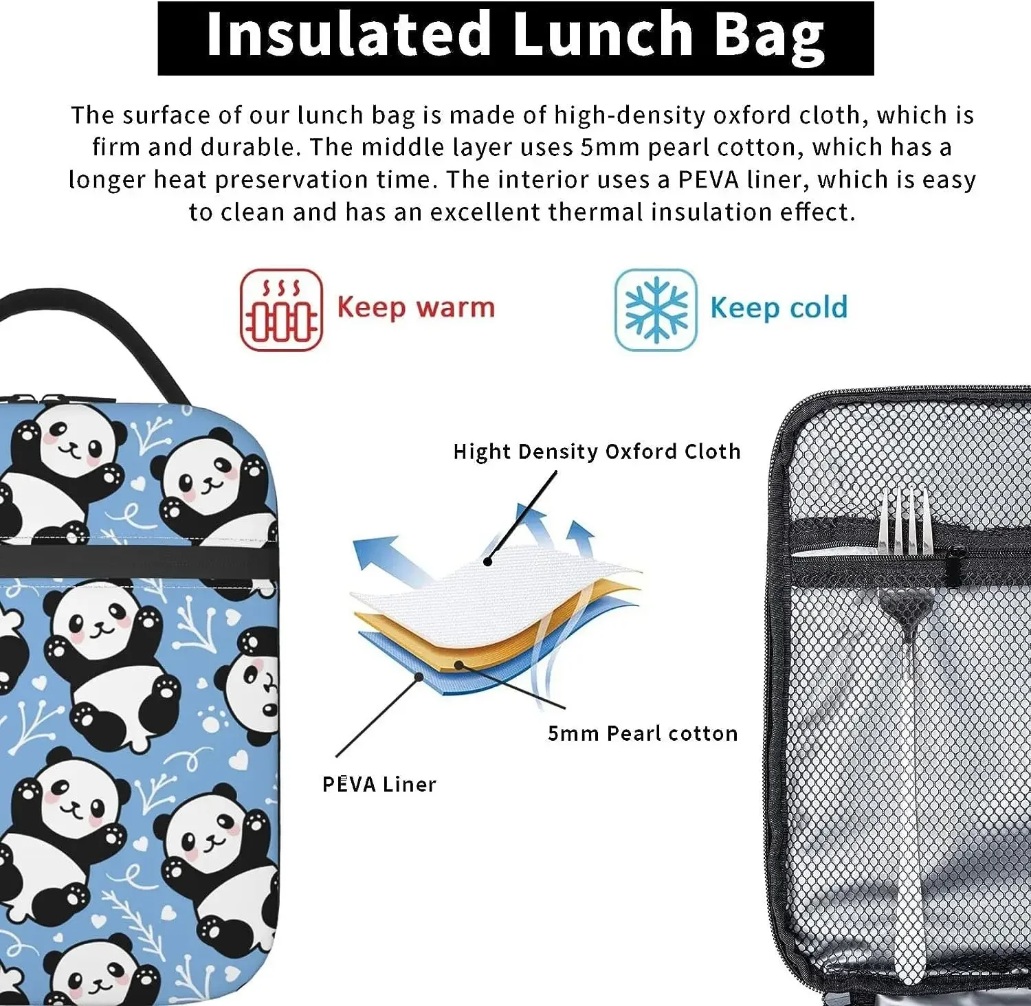 Cute Panda Lunch Box Insulated Lunch Bag Detachable Handle Lunchbox Thermal Meal Tote Bag for Travel Picnic Office Work Outdoor