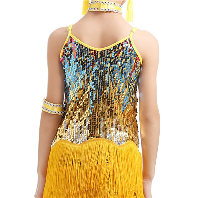 Latin Dance Tassels Dress for Children Girls Sequin Glitter Professional Training Costume Kid Stage Latin Tango Dance Wear 3-15Y