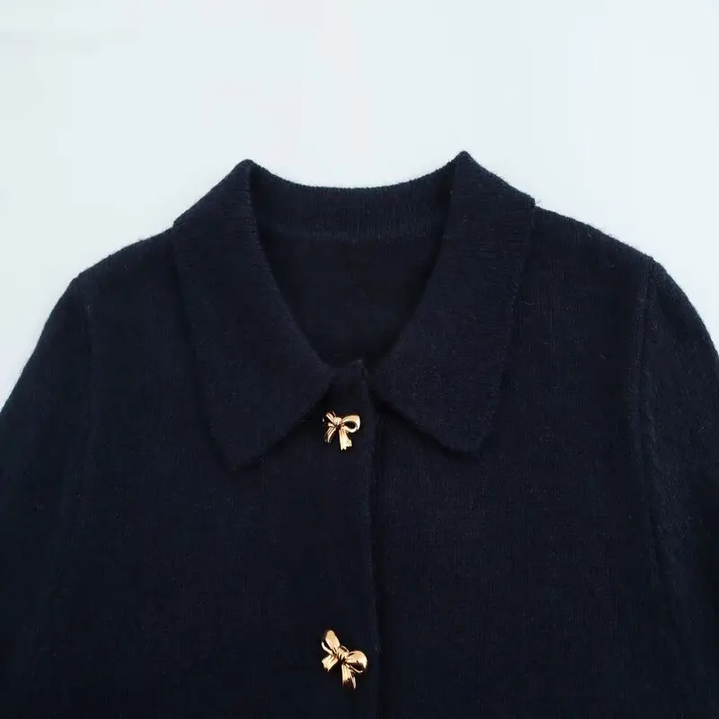 

Autumn Winter New Sle Women's Knitted Jaet Long Sve Turn-down Collar Knot Button Decorated Versatile Outerwear
