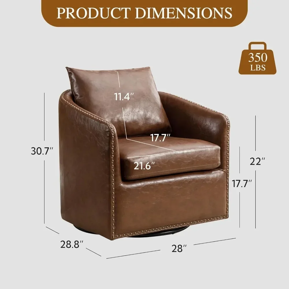 Living Room Chair Set of Two with Plump Back Pillow, Waterproof Oil Waxed PU Leather Swivel Armchair with Rivets, Accent Chair