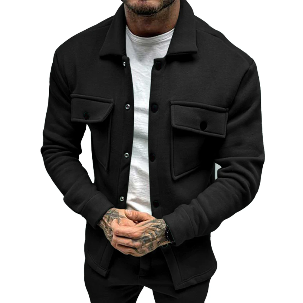 

Cozy and Stylish Men\\\\\\'s Fleece Jacket Solid Color Lapel Collar Button Up Perfect for Spring Autumn Winter Seasons
