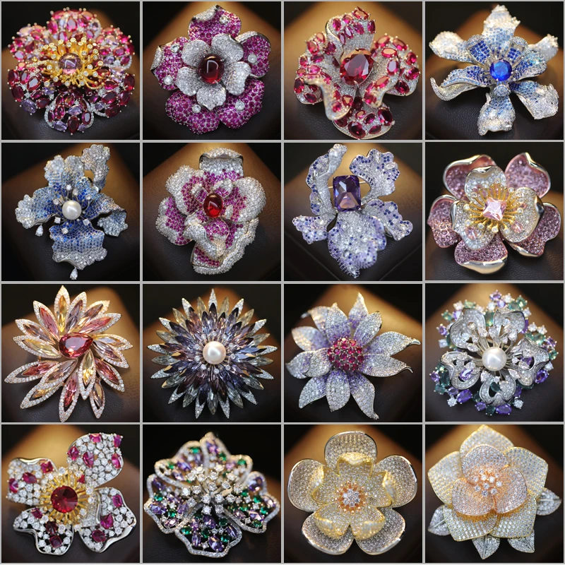 

Exquisite Gorgeous Rose Micro inlaid Zircon Brooches for Women Luxury Design Peony Iris Flower Coat Suit Accessories Pin Corsage