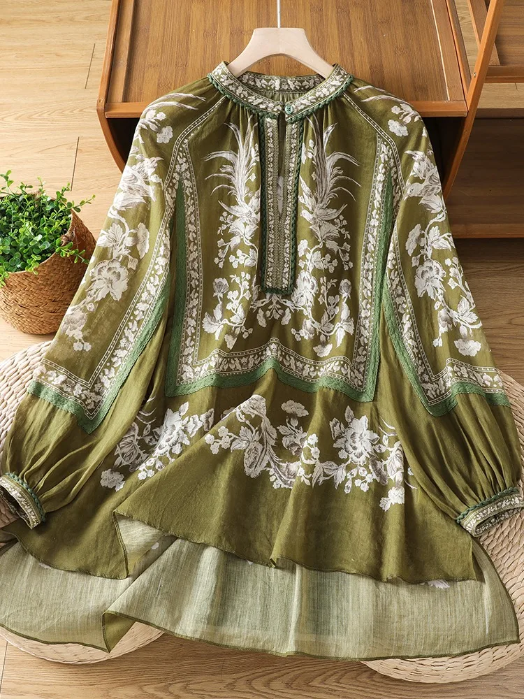 

Bohemian Style Lightweight Lace Shirt Women's Summer Vacation Patchwork Linen Top Sun Protection Loose Fit Floral Print