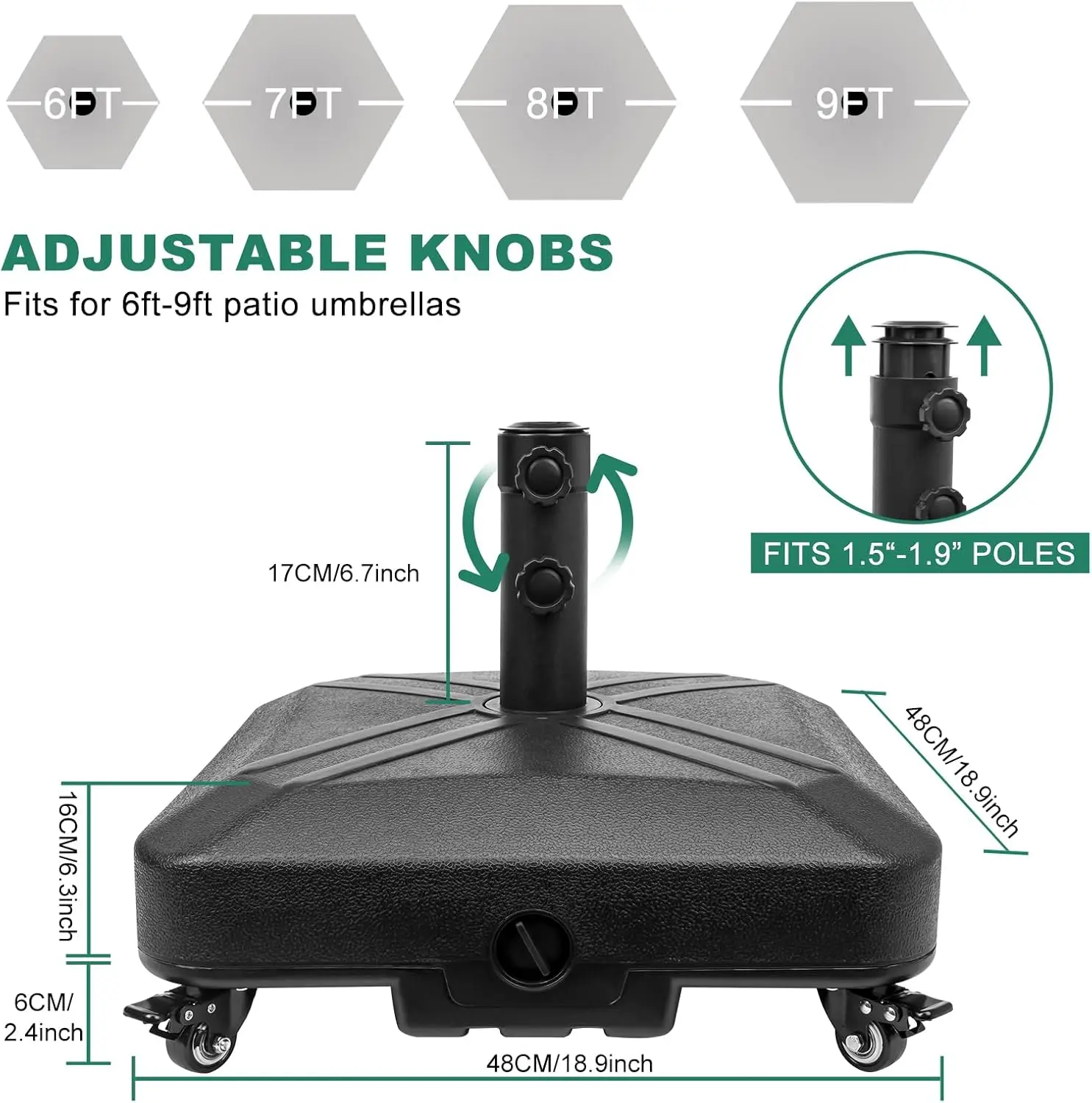 Patio Umbrella Base Heavy Duty with Wheels Square Market Stand for Outdoor 4 Locks 2 Knobs 125lb Capacity Black