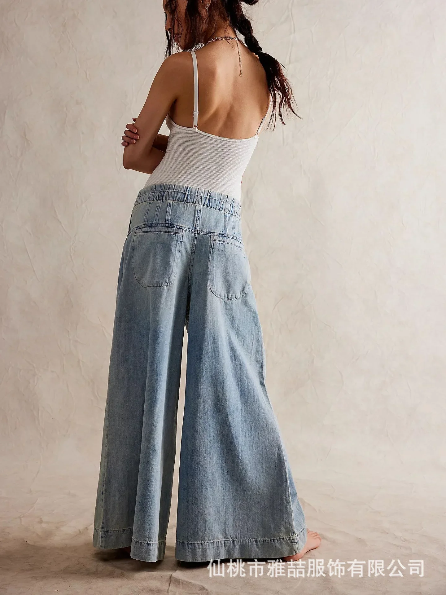High Street Trend Lace-up Denim Wide-leg Pants Women's Four Seasons New Fashion Pleated Mid-waist Loose Comfortable Jeans Women