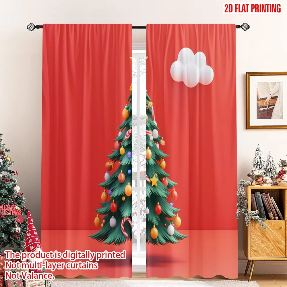 

2pcs 2D flat printing Merry Christmas Popular Window Curtains Christmas Tree Ornaments Festive Polyester Fabric Without
