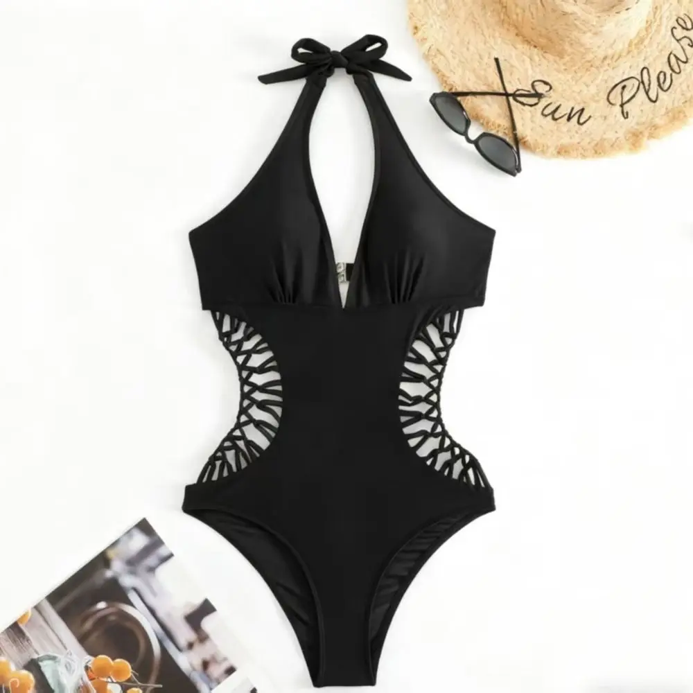 

Сексуальный черный купальник-монокини с вырезами и открытой спиной, с высокой талией, S-образный крой, для активного отдыха