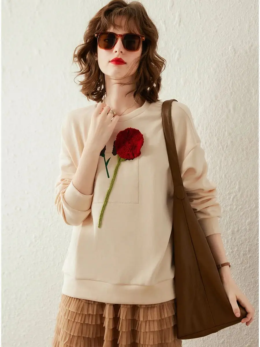 Felpe con cappuccio da donna LOUIS YAO 2024 primavera nuovo fiore 3D girocollo manica lunga con maniche a spalla scesa stampa Pullover allentato Top da donna