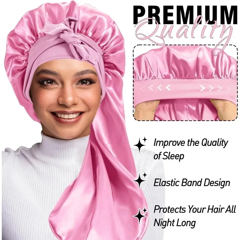 Bonnet de nuit long en satin, couleur unie, extra large avec long lien, bonnet pour cheveux pour femmes noires, bonnet de soin des cheveux pour tous types de cheveux