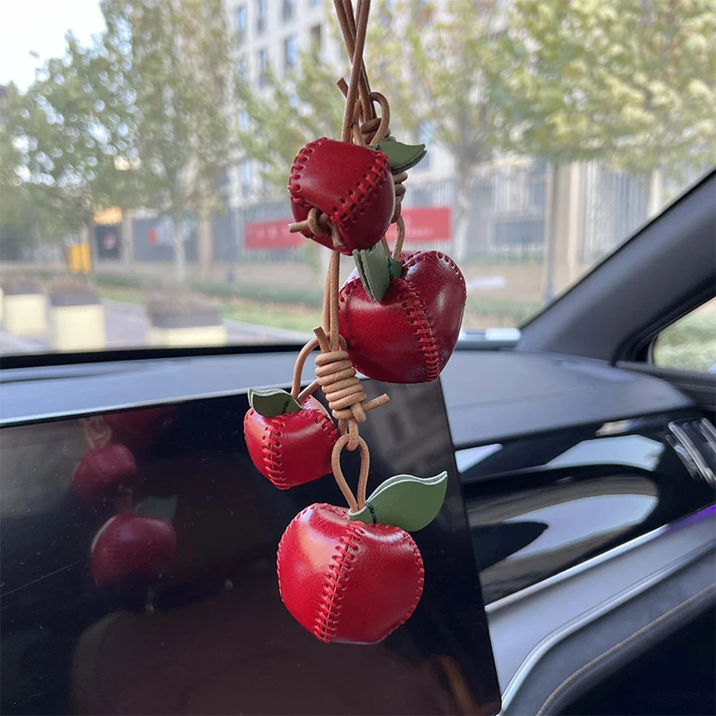 Cute Fruit Design Genuine Leather Bag Pendant Red Apple Car Keychain Pendant Pear Persimmon Niche Keychain Pendant Gift For Girl