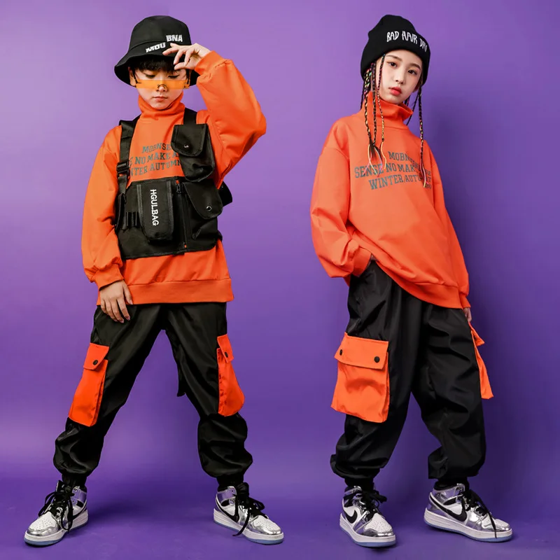 Girl Hip Hop High Collar Sweatshirt Boys Cargo Pants Kids Jazz Fanny Pack Joggers Clothes Set Child Street Dance Wear Costumes