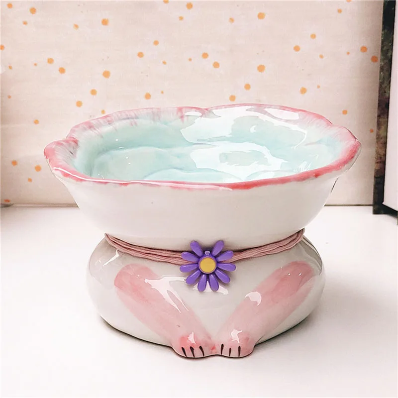 Cute petal shaped cat bowl, ceramic high foot spine protection pet oblique mouth easy to clean ceramic pet dog food basin