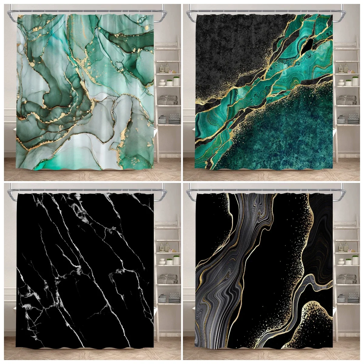 Luxury Green Black Marble Agate Gold Foil Vein Texture Shower Curtain Modern Abstract Ink Fluid Stone Pattern Waterproof Fabric