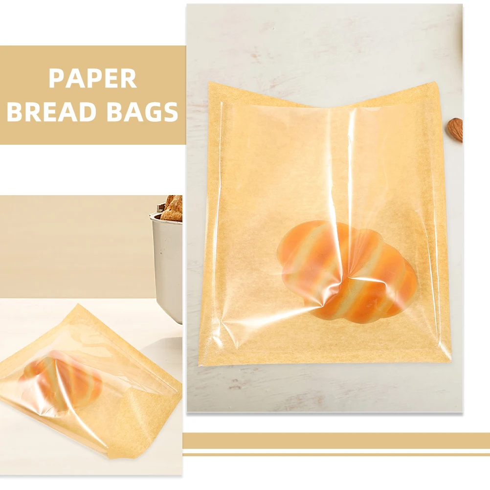 

100pcs Food Bags Kraft Paper wich Clear Window Grease Resistant Packaging Snack Bag 13x19 Single Use Household Storage