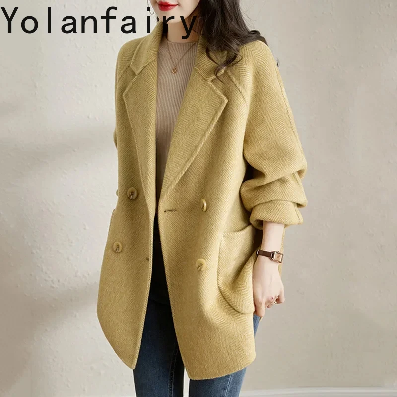 

2024 Autumn Winter Double-sided Woolen Jacket Korean Fashion Suit Collar 100% Wool Coats for Women Elegant Outerwears Medium