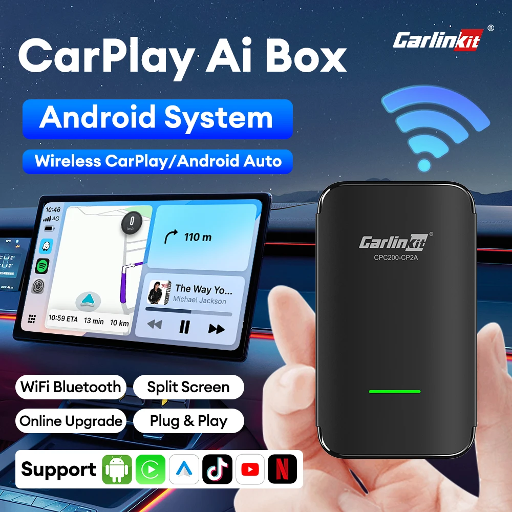 CarlinKit 4,0 CP2A Pro Smart Car Box inalámbrico Android Auto adaptador USB CarPlay Ai Box compatible con Netflix Plug & Play Android TV Box
