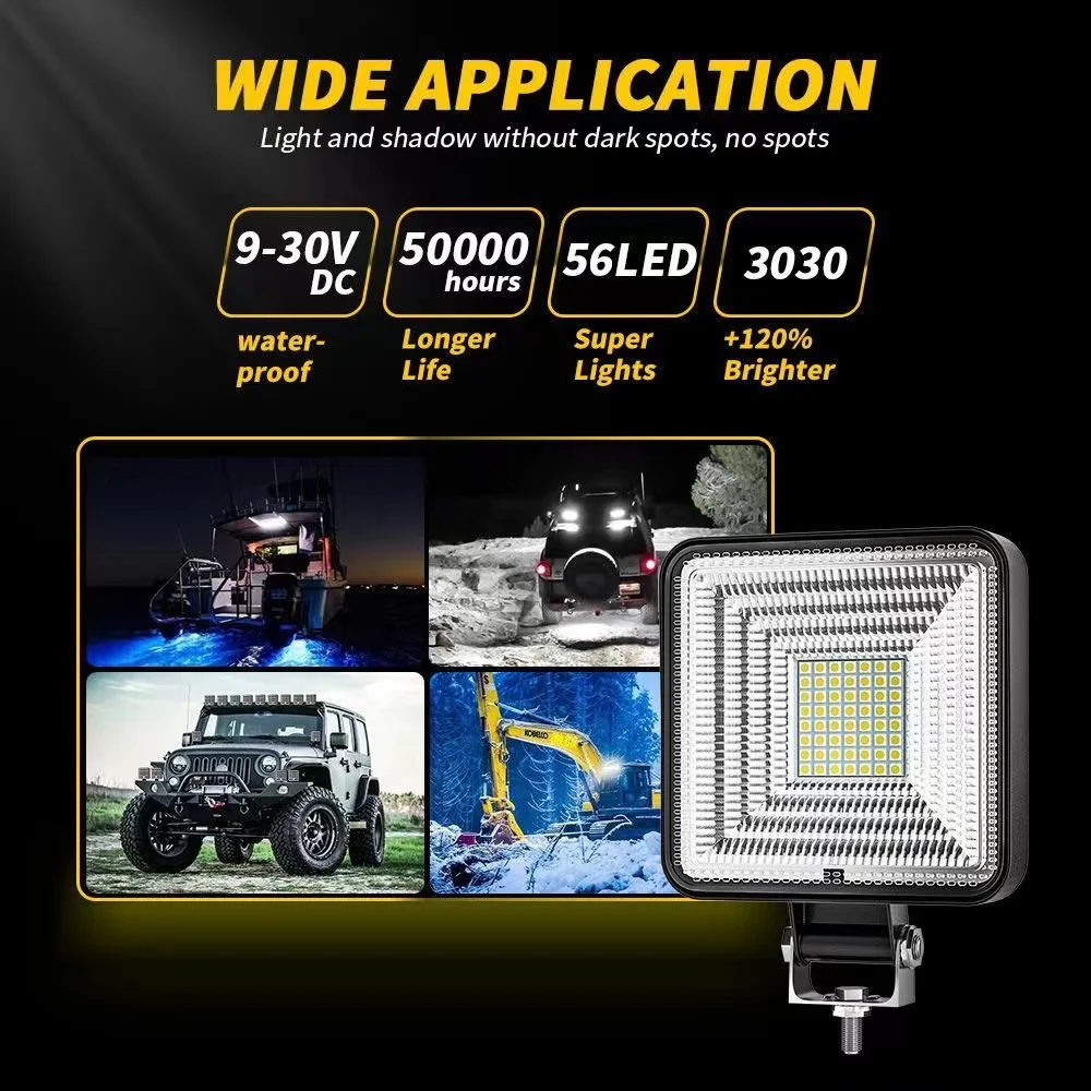 Car LED Work Light 4inch Square 56LED Flood Modified Off-Road Vehicle Headlight Searchlight Headlight DC9V-30V