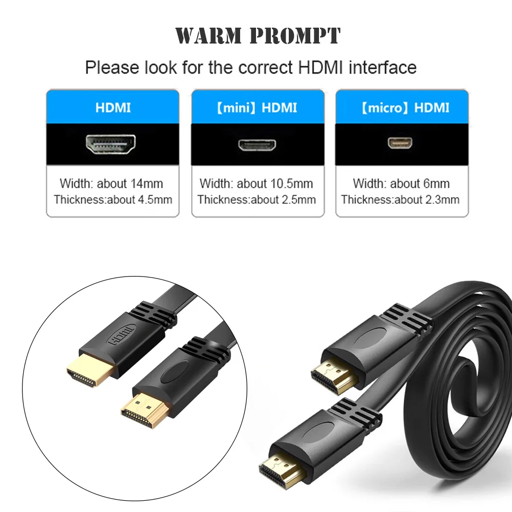 1.5m 3m 5m HD HDMI Cable lines for Computer TV Gold Plated Plug Male-Male HDMI Cable 1.4 Version Flat line 1080p 3D