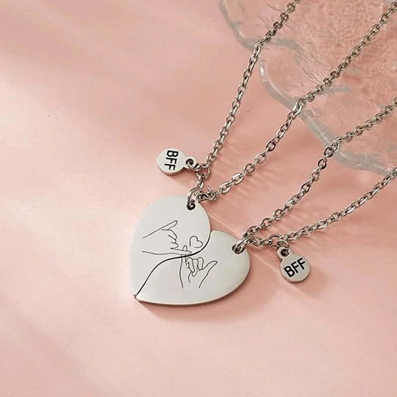 2 Pcs Stainless Steel Pinky Promise Heart Matching Necklace For Best Friends BFF Jewelry Gifts