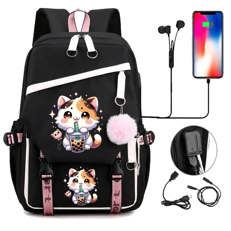 

Cute College Backpack Girl Travel Book Backpack Fashion Ladies Leisure Bagpack Boba Anime Cat Laptop School Bags Usb Bookbags