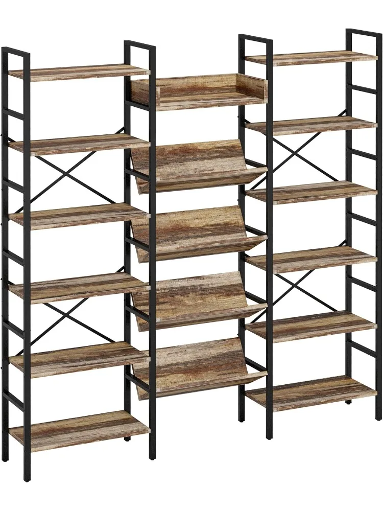 

Industrial Bookshelves 6 Tiers Triple Wide Bookshelf, Large Etagere Bookshelf Open Record Player Shelves with Metal Frame
