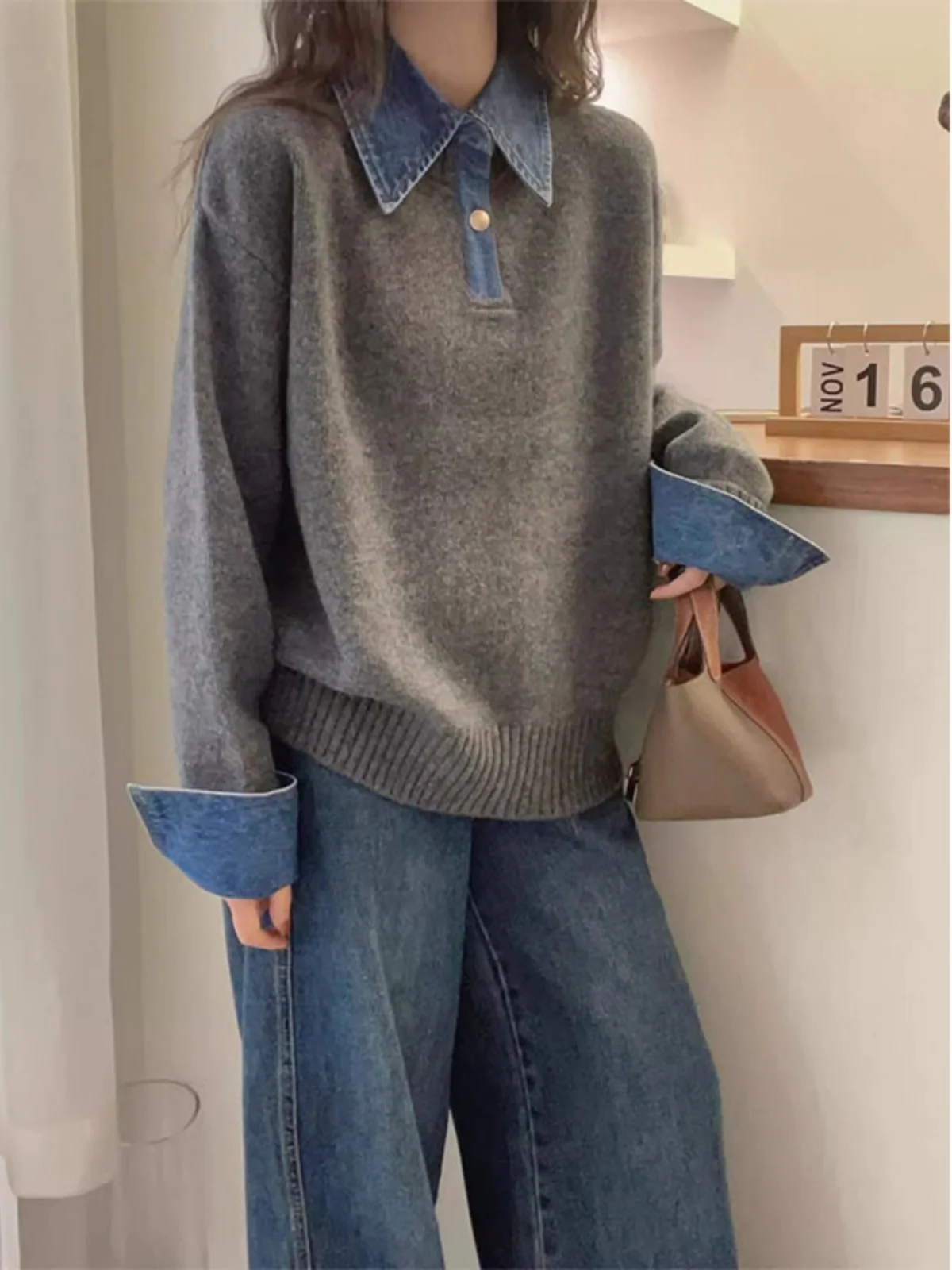Korean Style Long Sleeve  Neck Sweater Women's Denim Patchwork Chic Cool Color Block Autumn Winter New Arrival Top