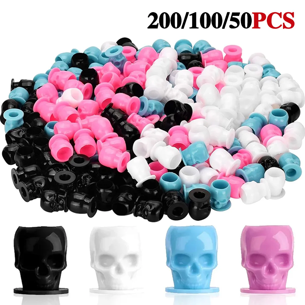 

200/50 шт. чашки для чернил для татуировки с основанием, колпачки для чернил для татуировки с черепом, держатель для пигментов для перманентного макияжа, контейнеры для аксессуаров для чернил для татуировки