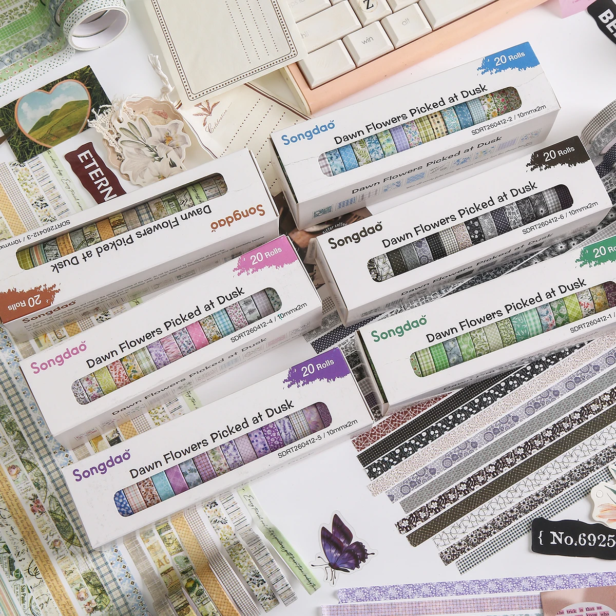 20 Rolls Floral Washi Tape Set, Retro Vintage Flower & Plaid Decorative Strips for Journal Planner Scrapbooking & DIY Crafts