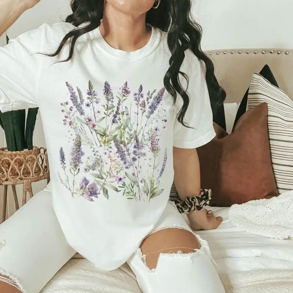 Vintage Botanical Purple Floral Tee Wildflower Print Comfort Shirt Boho Cottagecore Tshirt Apparel Trendy Y2K Casual Streetwear
