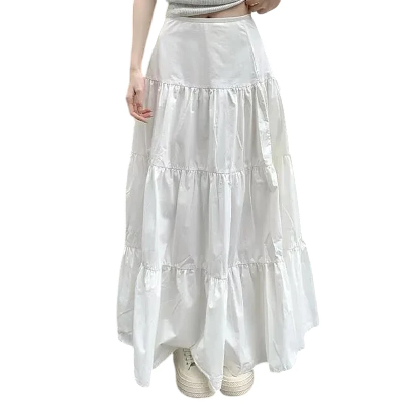 Y2k Clothes Women Skirts Vintage High Waist Elastic Patchwork White White Chic Long Cake A-line Skirt Streetwear