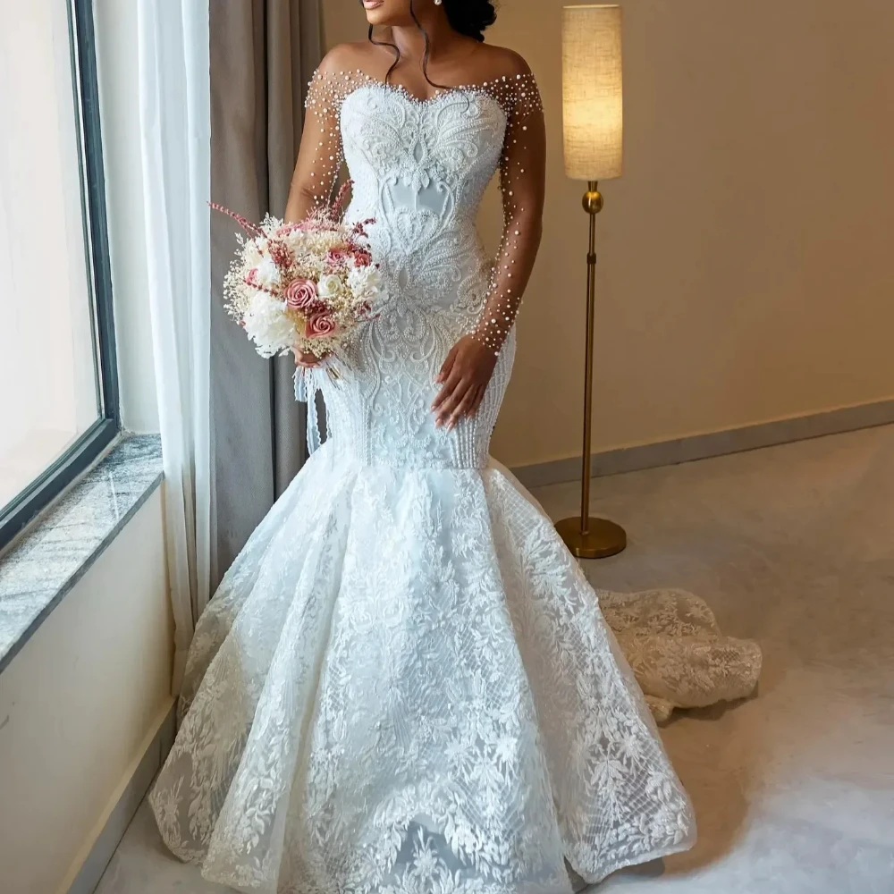 

Formal Elegant Wedding Dresses for Women 2026 Luxury Lace Appliques Long Sleeve O-Neck Chapel Train Beading Mermaid Bridal Gowns