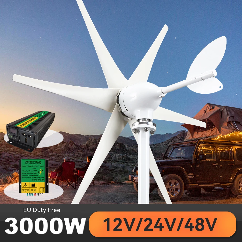 

3000W 3kw Small Windmill Turbine Wind Generator Dynamo 6 Blades 12v 24v 48v With Mppt/Hybrid Charge Controller For Farm Home Use