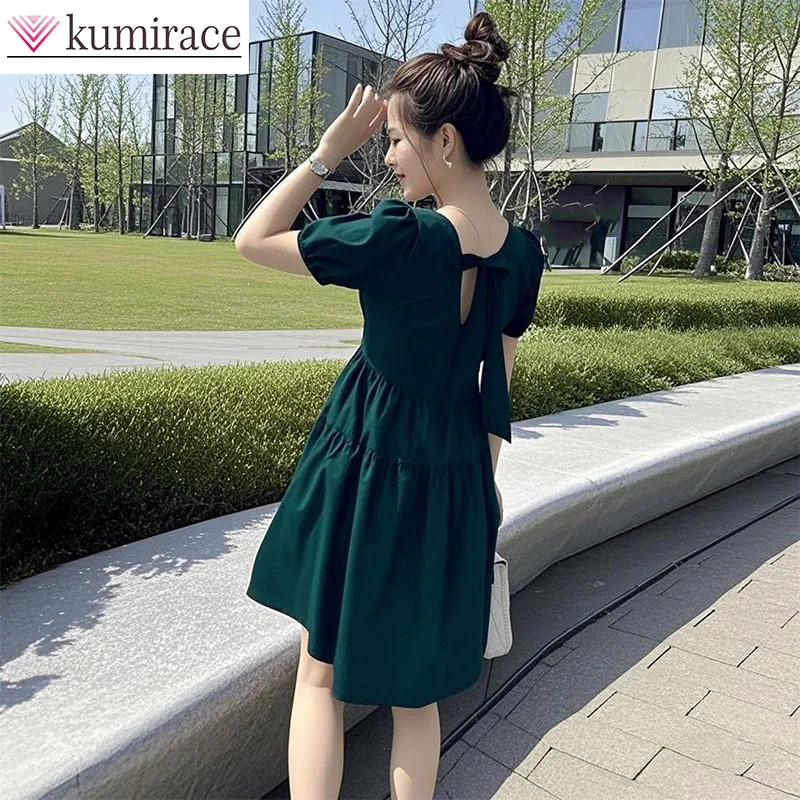 

Dress for Women 2025 Summer New Korean Version Medium Long French Loose Square Neck Hepburn Style Bow Dress Slimming Dress