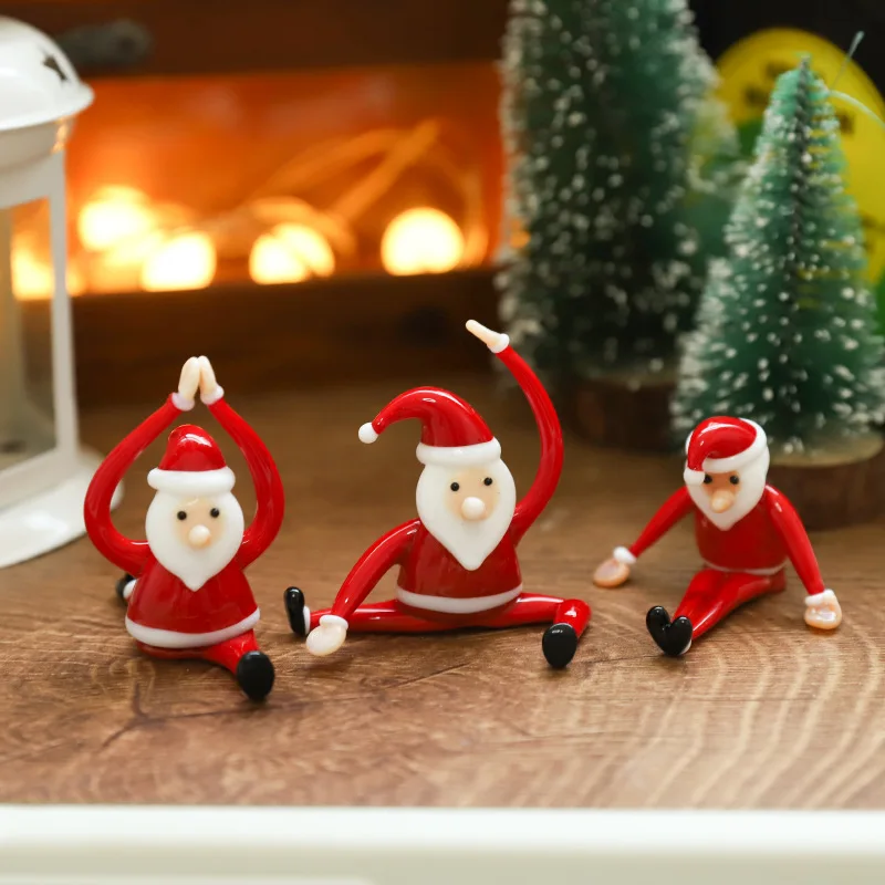 Mini Santa Claus Figurine For Doing Yoga, Study, Computer, Bedroom Decoration, Gift, Cartoon Car Glass Figurine