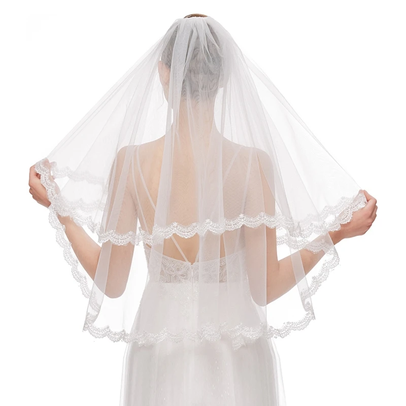 

Bridal Veil with Comb 2 Tier Lace Trim Easy to Wear Elbow Length Sheer Tulle