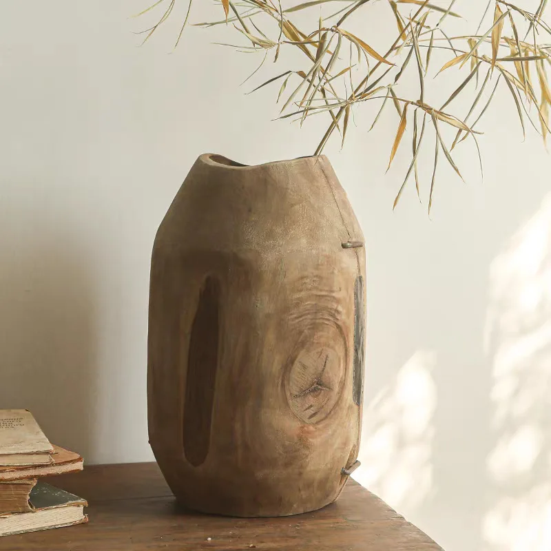 Elemental solid wood large vase retro living room flower arrangement B & B wabi sandy wind paulownia woodartistic sense entranc