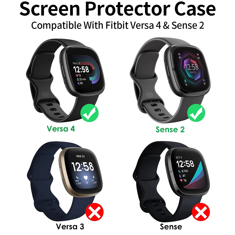 Screen Protector for Fitbit Versa 4 Case Hard PC Bumpe Protective Tempered Glass All-Around for Fitbit Sense 2 Full Cover Bumper