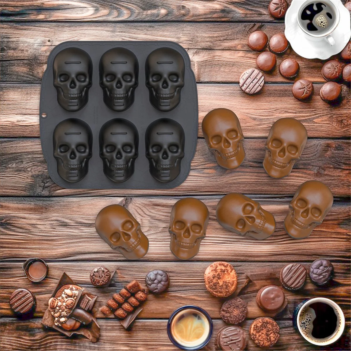 Silicone Skull Cake Pan, 6 cavidades, 3D Baking Mold, preto, Halloween