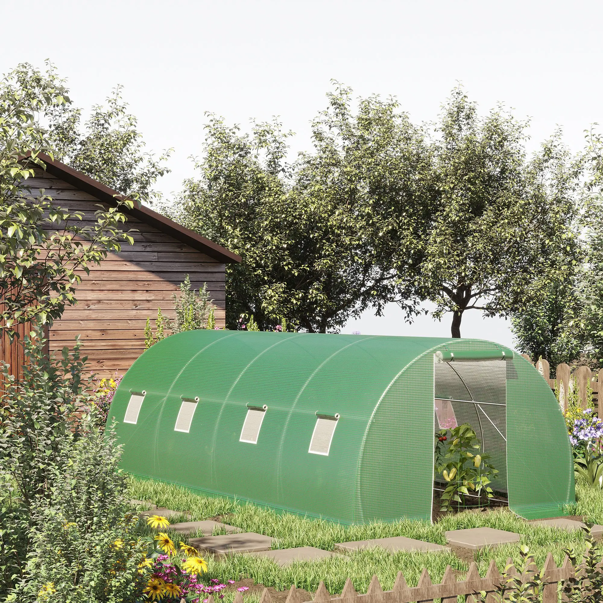 Serre tunnel autoportante 6x3m, 8 fenêtres, protection contre le gel, structure en acier, vert foncé, tunnel de culture robuste pour plantes de jardin