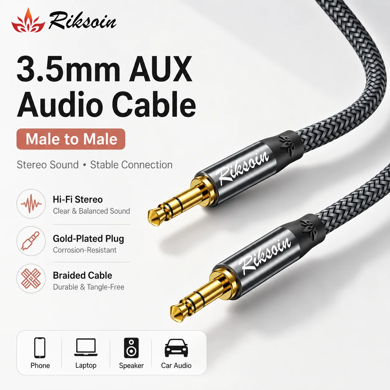 Riksoin 3.5mm to 3.5mm Audio Cable Male to Male AUX Cord Hi-Fi Stereo Nylon Braided Jack for Car Speaker Headphones Phone