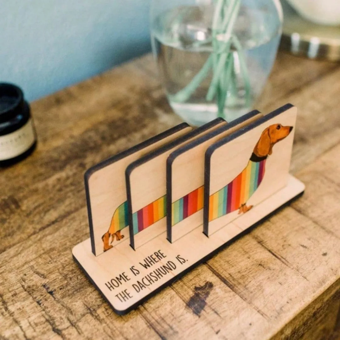 Creative Dachshund Wooden Coaster Set, Multi-Layer Splicing Home Desk Decor, Wood Craft Coffee Cup Mat for Living Room