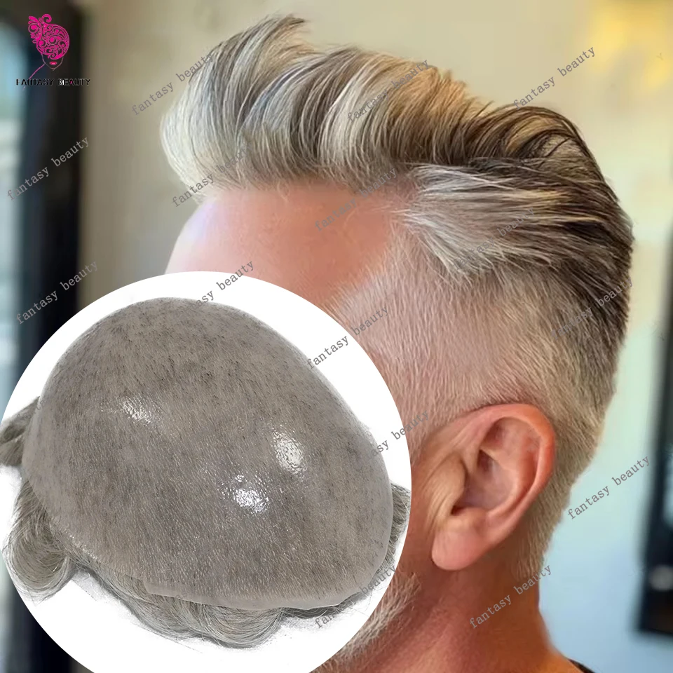 

1B80 White Grey #20 #565 Realistic 0.04mm Ultra Thin Mricoskin Asian Old Men Toupee Invisible Hairline Brown Black HumanHair Wig