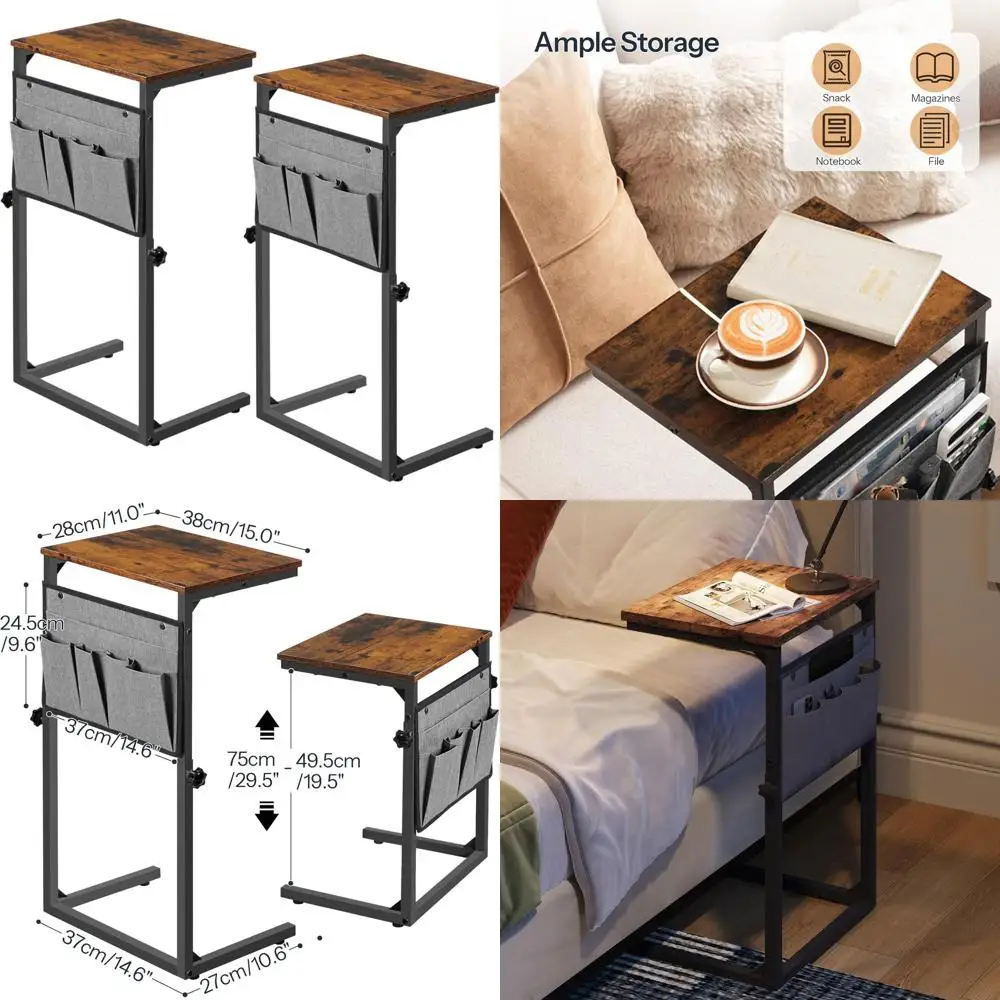 

Pair of C-Shaped Side Tables, 29.5 Height-Adjustable, Storage Pockets, Sofa Table for Small Spaces, Rustic Brown & Black