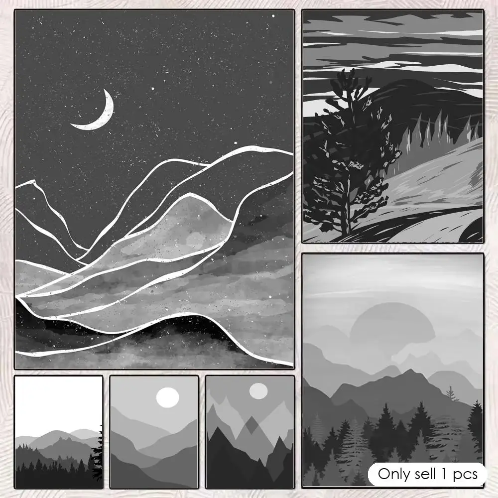 Minimal Grey Mountain Print Poster Self-adhesive Wall Mural Art Waterproof Sticker For Bar Room Decor High Quality Print Gift