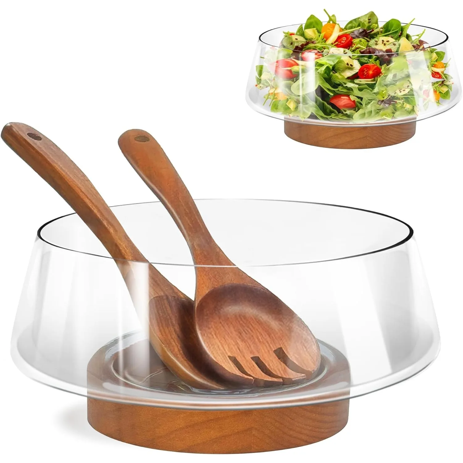

Large Clear Glass Salad Bowl Set With Solid Wood Base | Elegant Oval Shape, Handmade, Ideal For Kitchen Utensils And Party Use